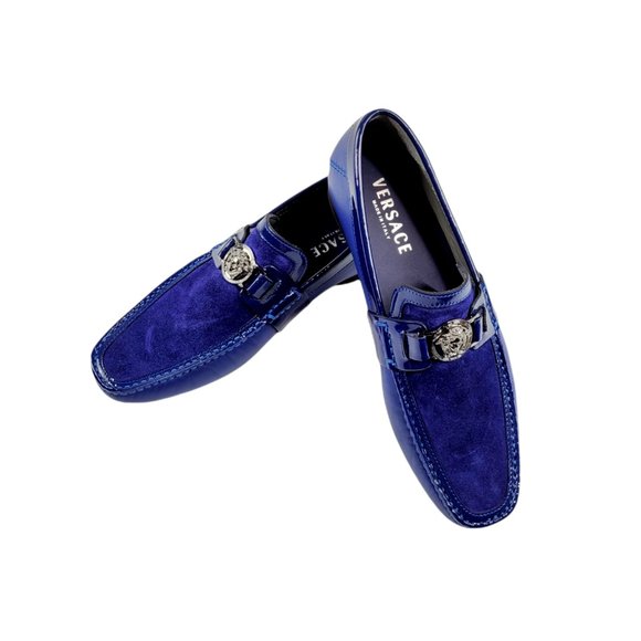 NEW Versace Blue Suede and Leather Medusa Loafers - Picture 3 of 10